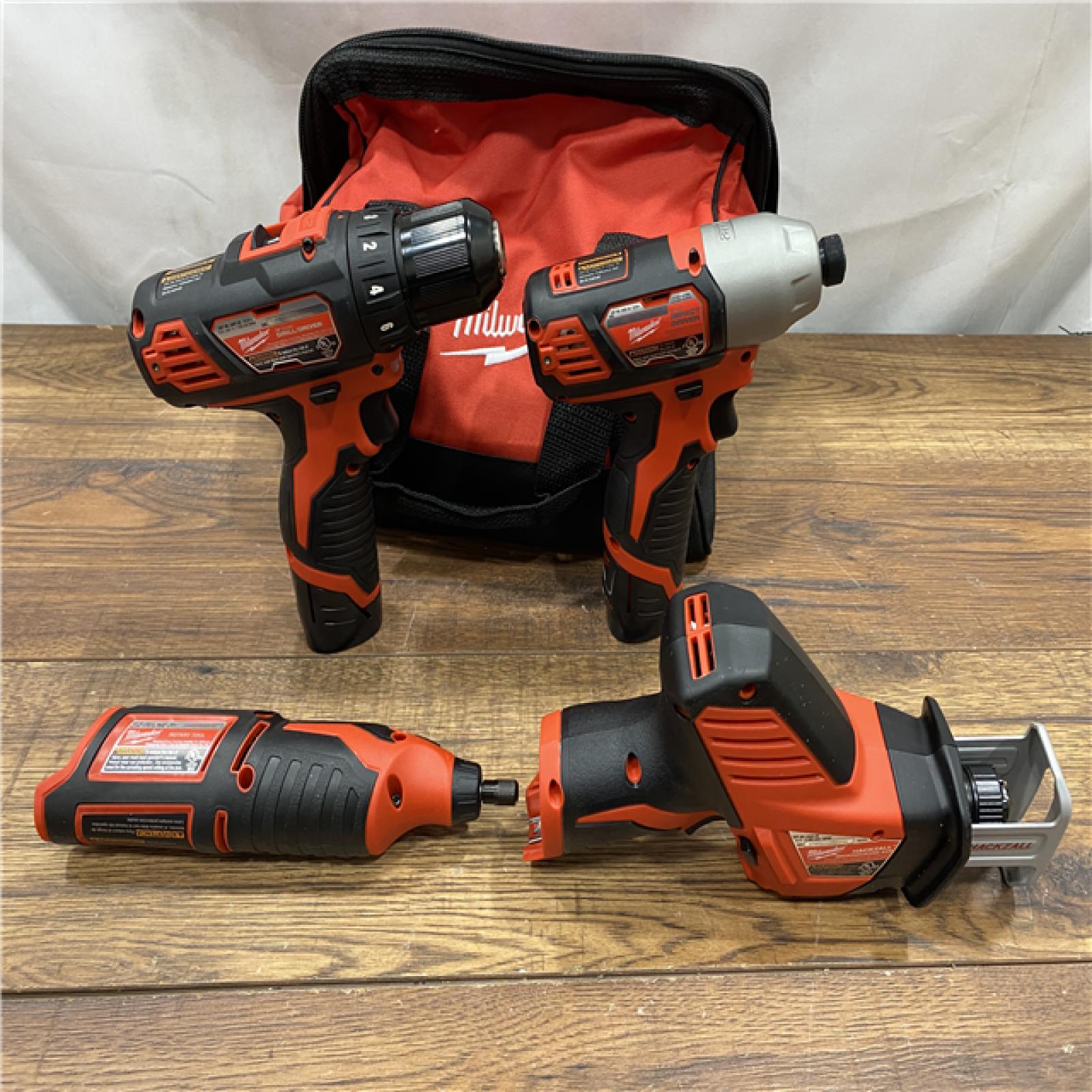 AS IS M12 12V Lithium-Ion Cordless 4-Tool Combo Kit with (2) Compact 1.5Ah Batteries and Charger