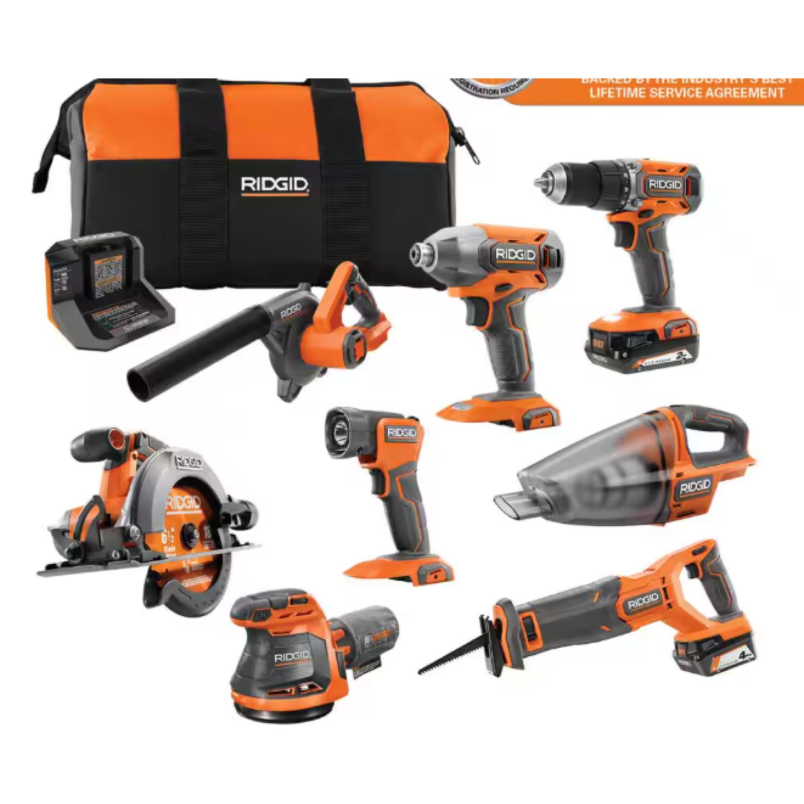 NEW! - RIDGID 18V Cordless 8-Tool Combo Kit with 2.0 Ah Battery, 4.0 Ah Battery, Charger, and Tool Bag