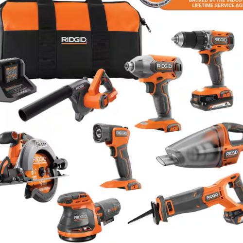 NEW! - RIDGID 18V Cordless 8-Tool Combo Kit with 2.0 Ah Battery, 4.0 Ah Battery, Charger, and Tool Bag