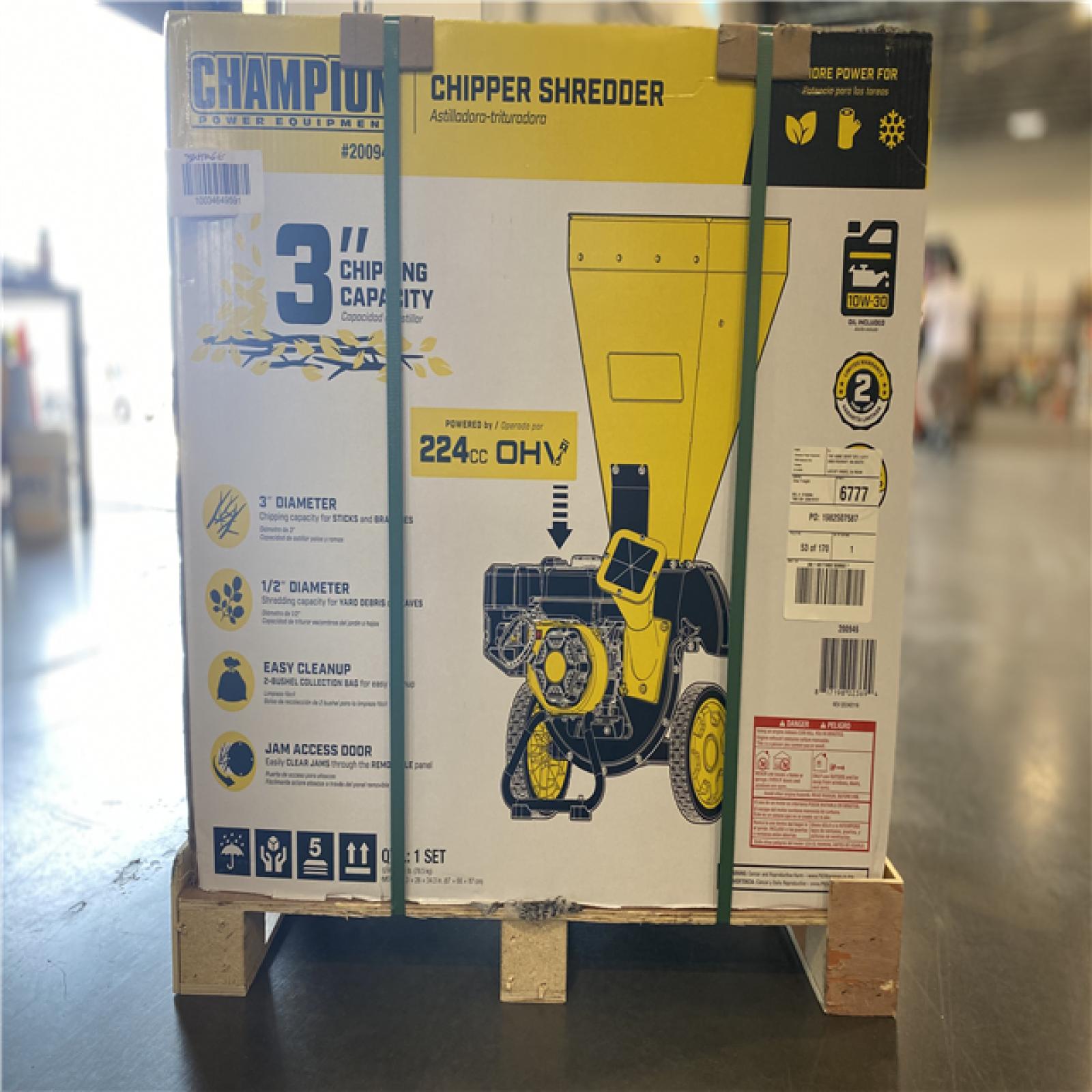 DALLAS LOCATION - Champion Power Equipment 3 in. Dia 224 cc 2-in-1 Upright Gas Powered Wood Chipper Shredder