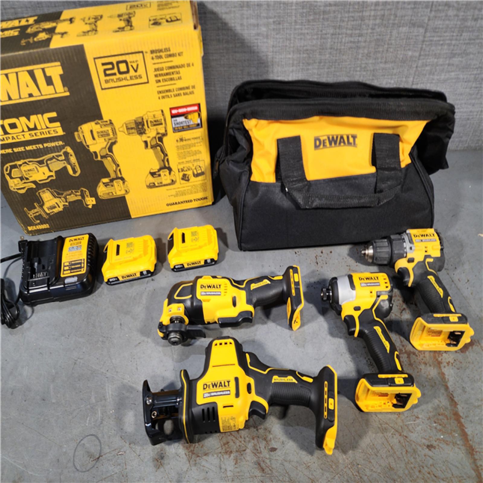 HOUSTON LOCATION - AS-IS (APPEARS LIKE NEW) DeWalt 20V MAX ATOMIC Cordless Brushless 4 Tool Combo Kit