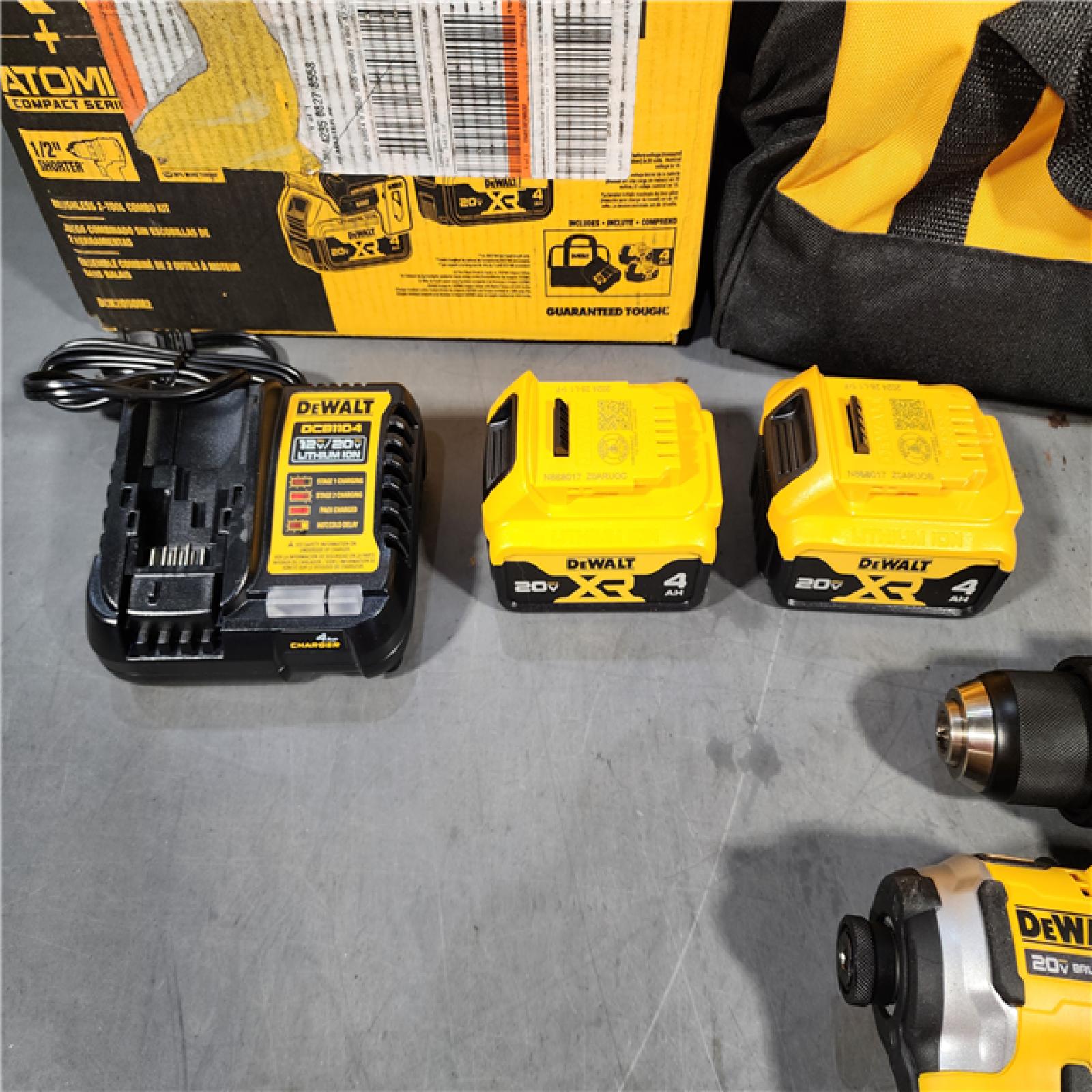 HOUSTON LOCATION - AS-IS DEWALT 20V MAX XR Hammer Drill and ATOMIC Impact Driver 2 Tool Cordless Combo Kit with (2) 4.0Ah Batteries, Charger, and Bag