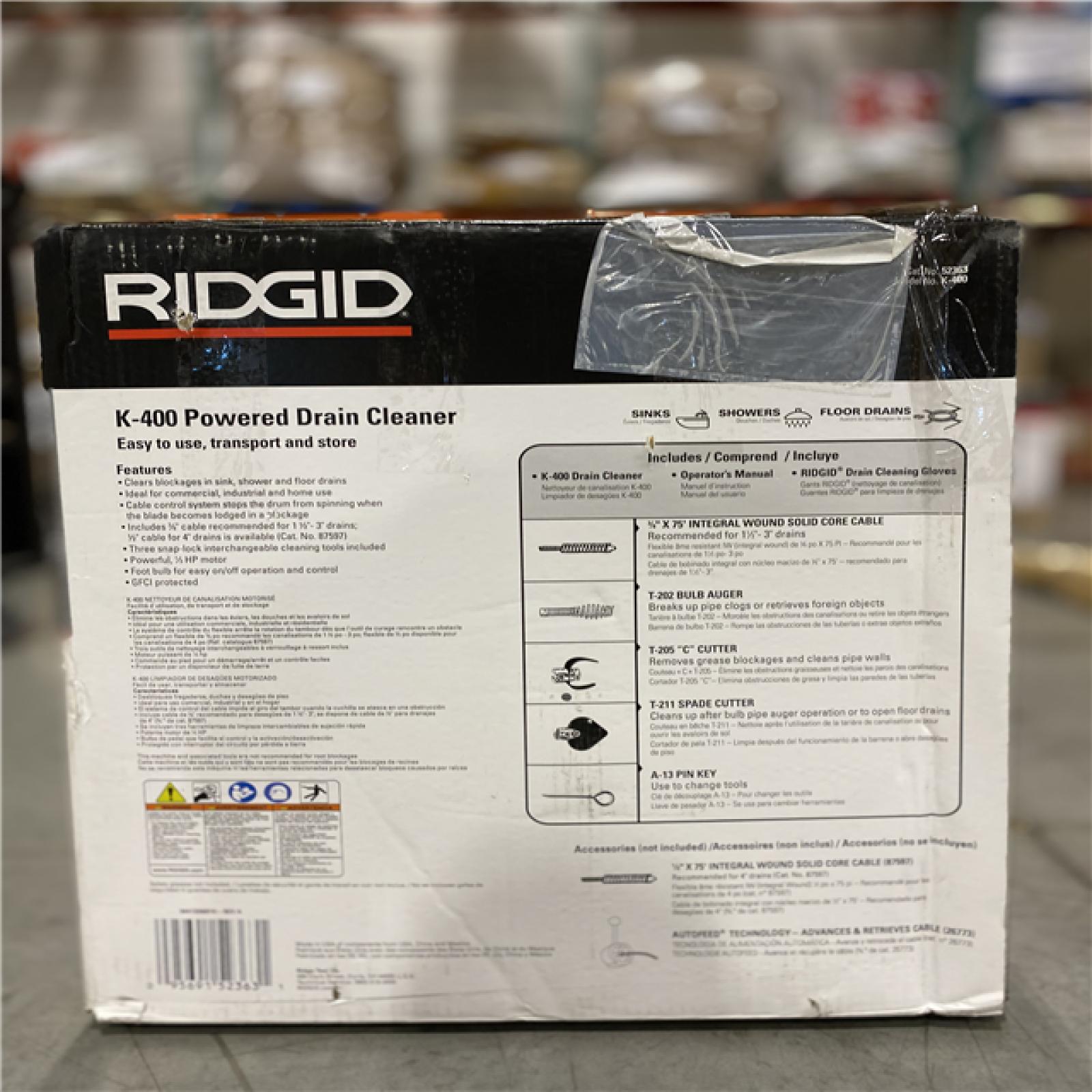 NEW! RIDGID K-400 Drain Cleaning Snake Auger 120-Volt Drum Machine with C-32IW 3/8 in. x 75 ft. Cable + 4-Piece Tool Set & Gloves