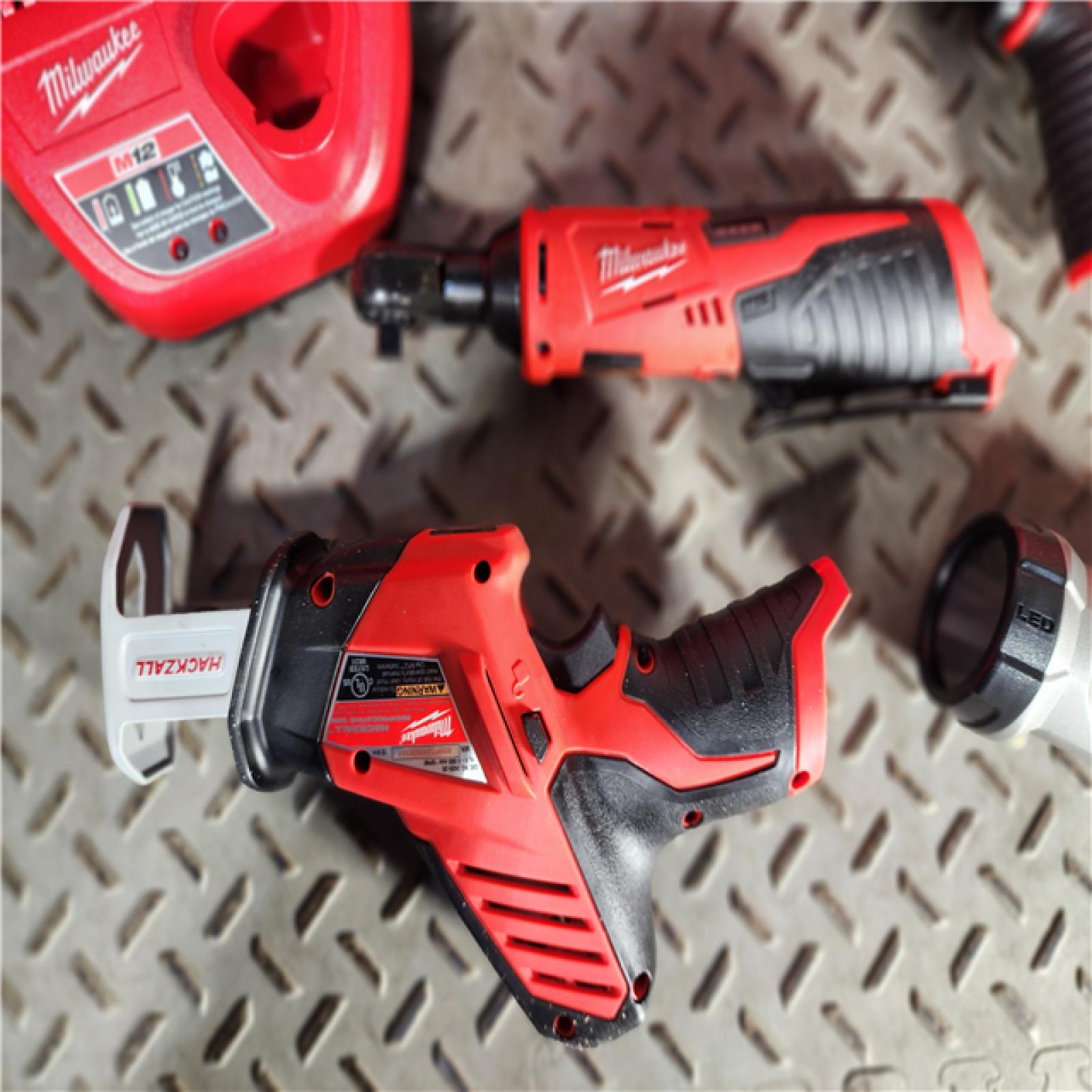 HOUSTON LOCATION - AS-IS MILWAUKEE M12 12V Lithium-Ion Cordless Combo Kit (5-Tool) with Two 1.5Ah Batteries, Charger & Tool Bag