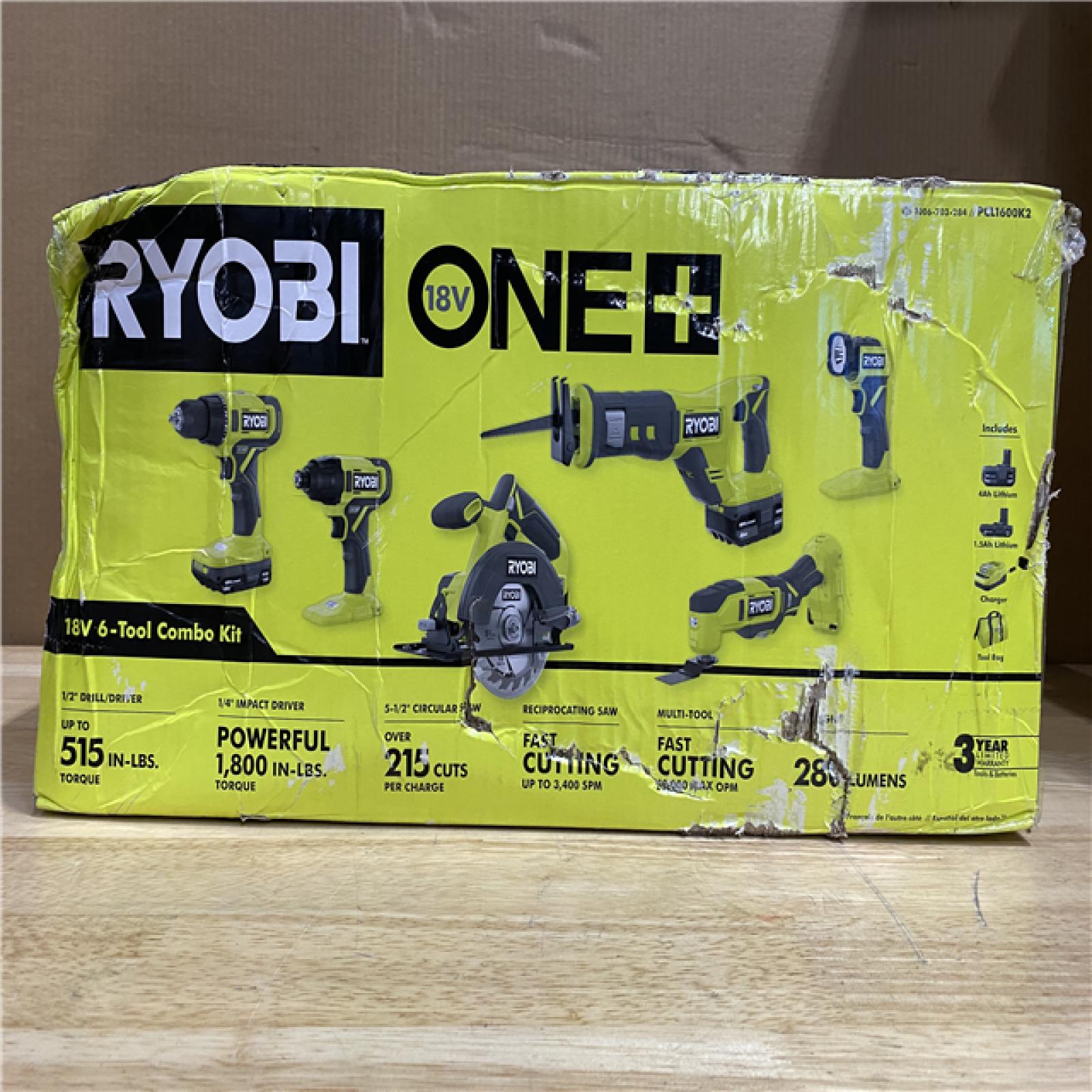 NEW! - RYOBI ONE+ 18V Cordless 6-Tool Combo Kit with 1.5 Ah Battery, 4.0 Ah Battery,