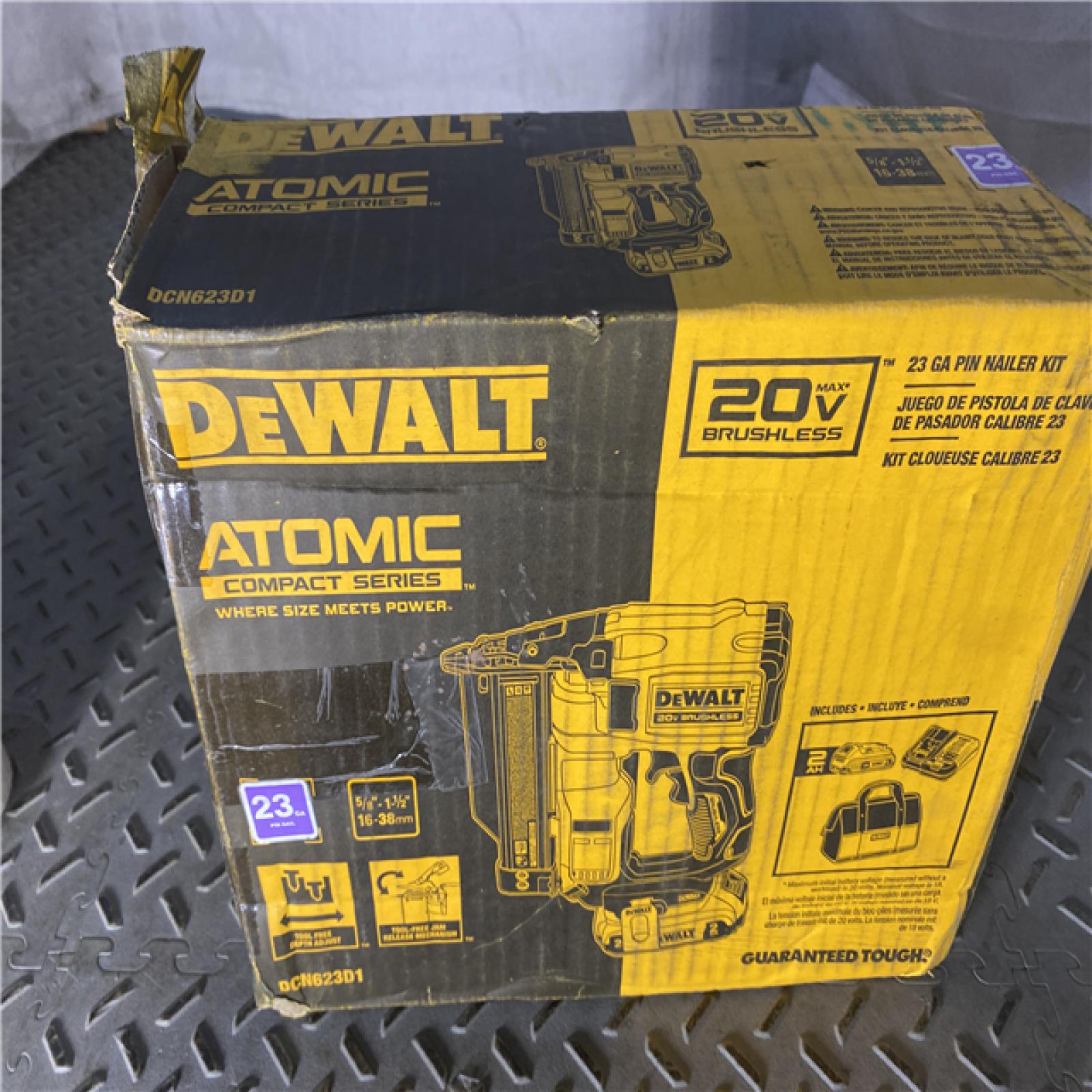 Houston location AS-IS  DEWALT ATOMIC 20V MAX Lithium Ion Cordless 23 Gauge Pin Nailer Kit with 2.0Ah Battery and Charger