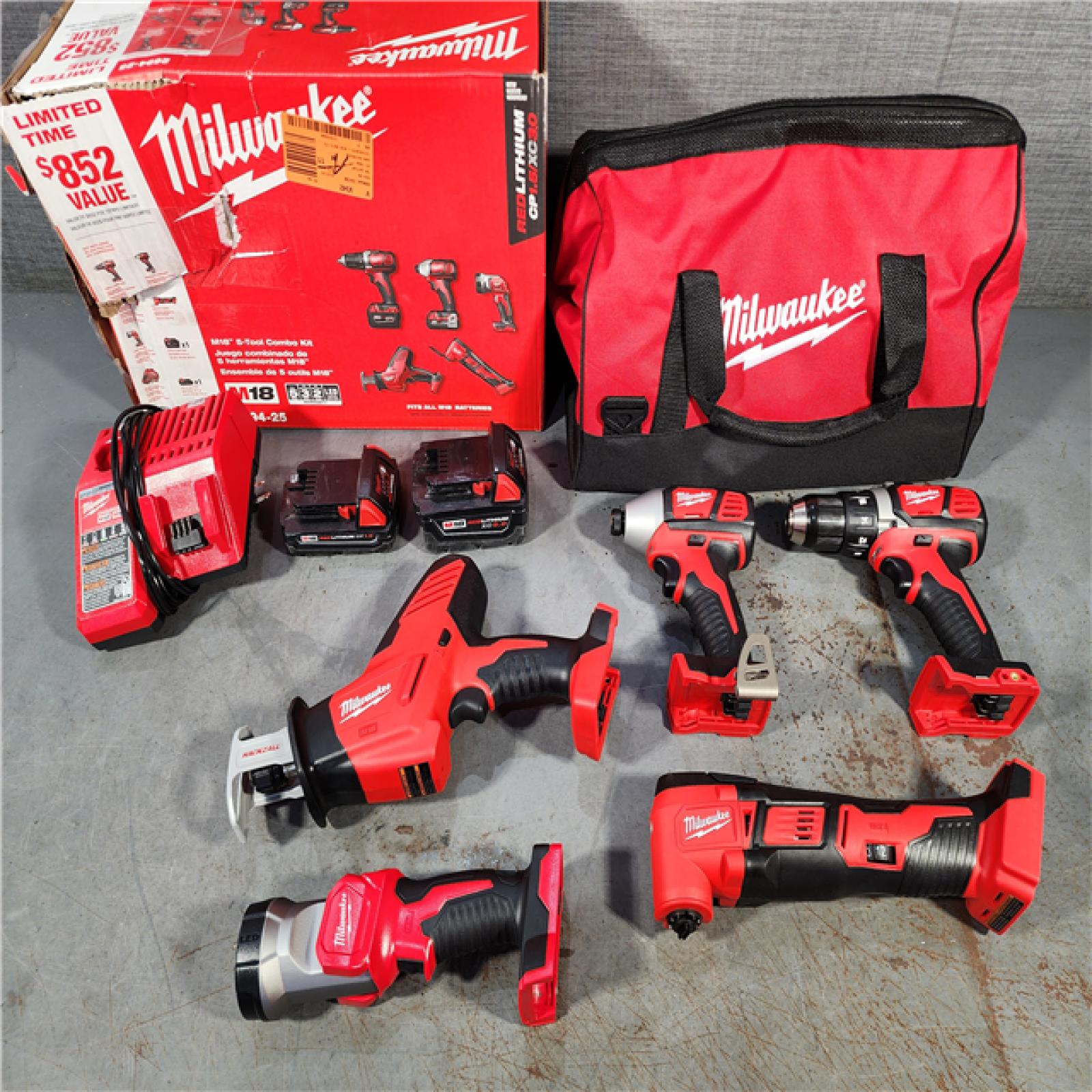 HOUSTON LOCATION - AS-IS (APPEARS LIKE NEW) M18 18V Lithium-Ion Cordless Combo Kit (5-Tool) with (2) Batteries, Charger and Tool Bag