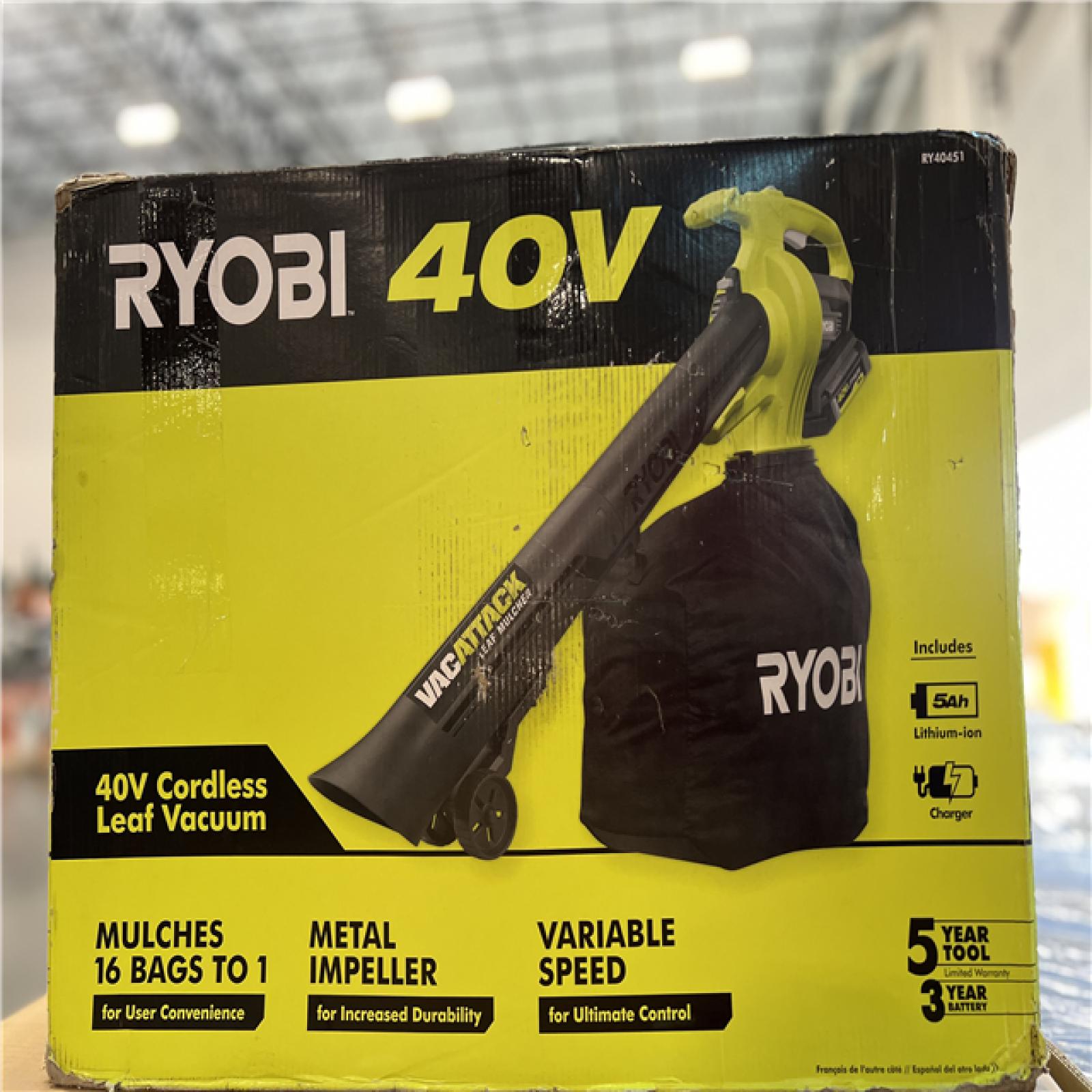 NEW! - RYOBI 40V Vac Attack Cordless Leaf Vacuum/Mulcher with 5.0 Ah Battery and Charger