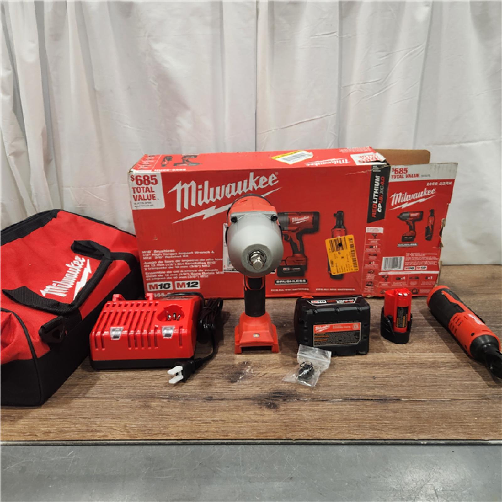 AS IS M12/M18 12/18V Lithium-Ion Cordless 3/8 in. Ratchet and 1/2 in. High Torque Impact Wrench with Friction Ring Combo Kit