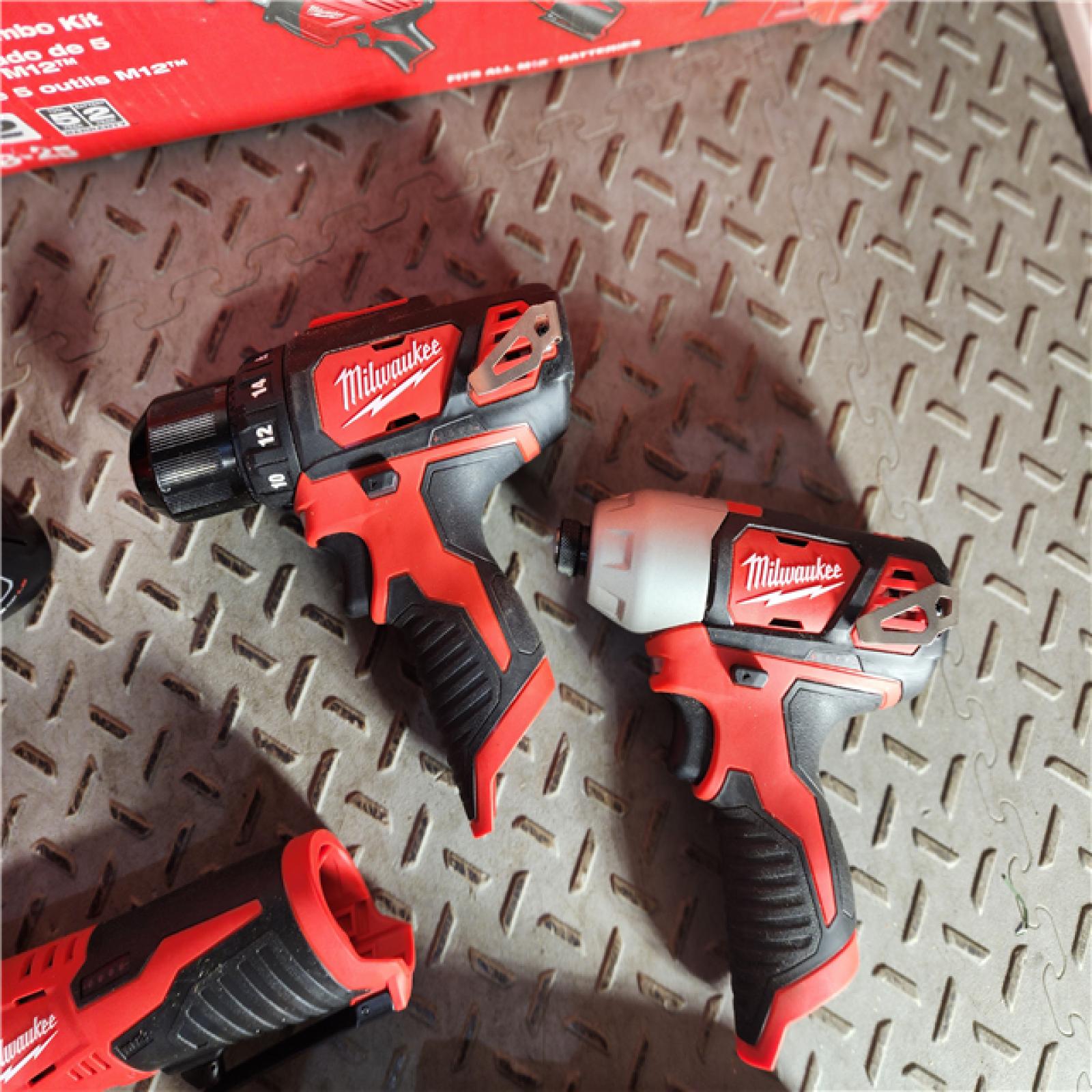 HOUSTON LOCATION - AS-IS MILWAUKEE M12 12V Lithium-Ion Cordless Combo Kit (5-Tool) with Two 1.5Ah Batteries, Charger & Tool Bag