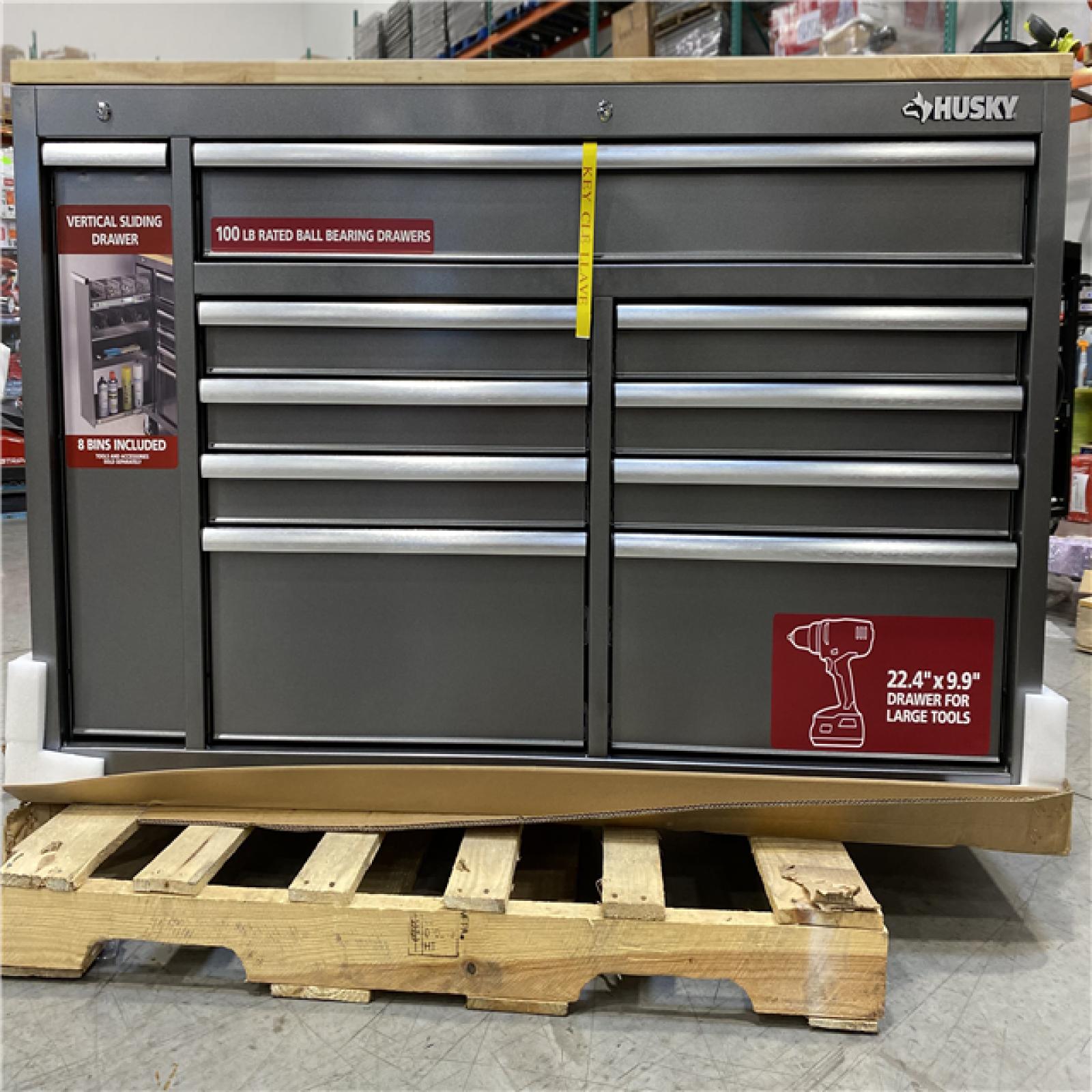 DALLAS LOCATION -  Husky 61 in. W x 24 in. D Standard Duty 10-Drawer Mobile Workbench Tool Chest with Sliding Bin Storage Drawer in Silver