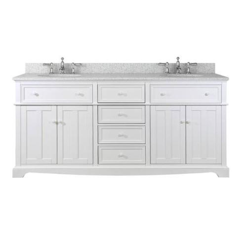 DALLAS LOCATION - Home Decorators Collection Fremont 72 in. Double Vanity in White with Granite Vanity Top in Grey with White Basin