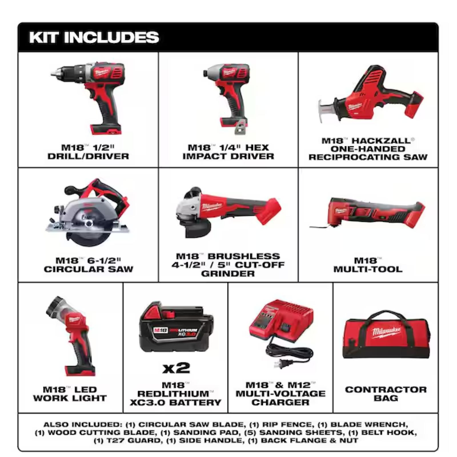 NEW! - Milwaukee M18 18-Volt Lithium-Ion Cordless Combo Kit 7-Tool with 2-Batteries, Charger and Tool Bag