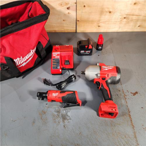 HOUSTON LOCATION - AS-IS (APPEARS LIKE NEW) M12/M18 12/18V Lithium-Ion Cordless 3/8 in. Ratchet and 1/2 in. High Torque Impact Wrench with Friction Ring Combo Kit