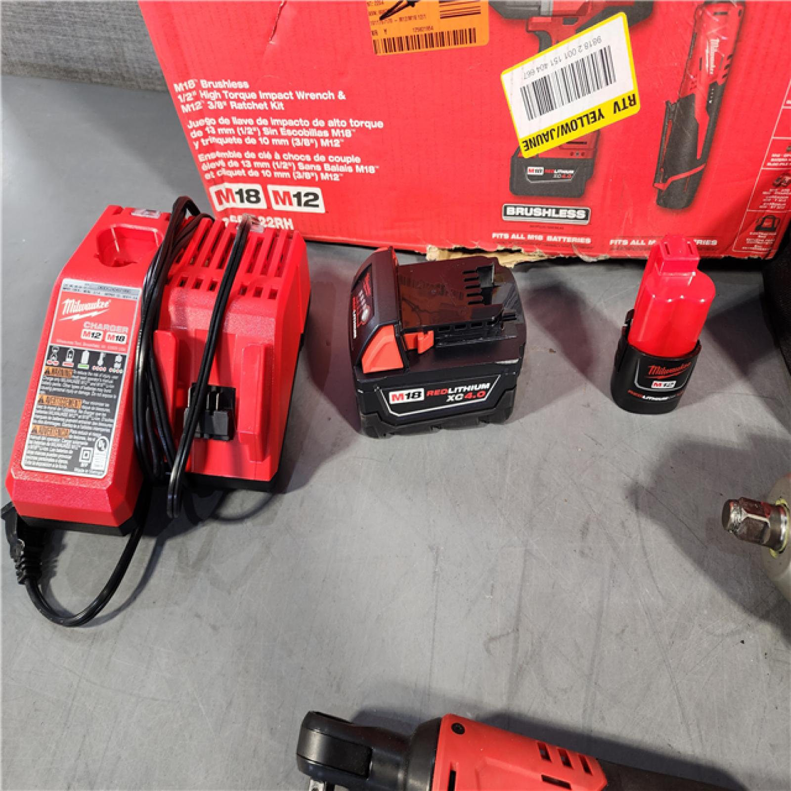 HOUSTON LOCATION - AS-IS M12/M18 12/18V Lithium-Ion Cordless 3/8 in. Ratchet and 1/2 in. High Torque Impact Wrench with Friction Ring Combo Kit