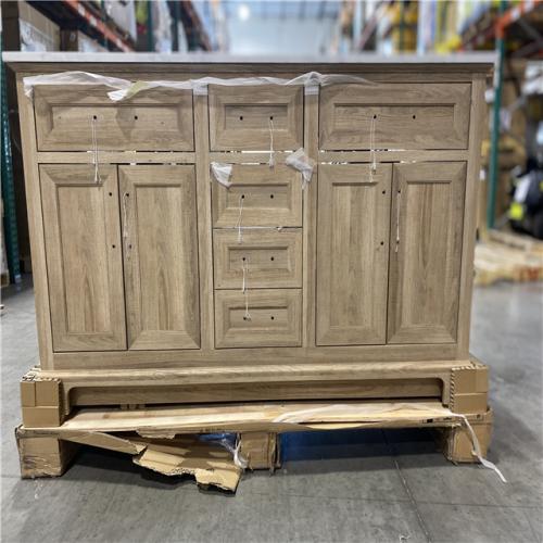 DALLAS LOCATION - Home Decorators Collection Doveton 60 in. Double Sink Freestanding Weathered Tan Bath Vanity with White Engineered Marble Top (Fully Assembled)