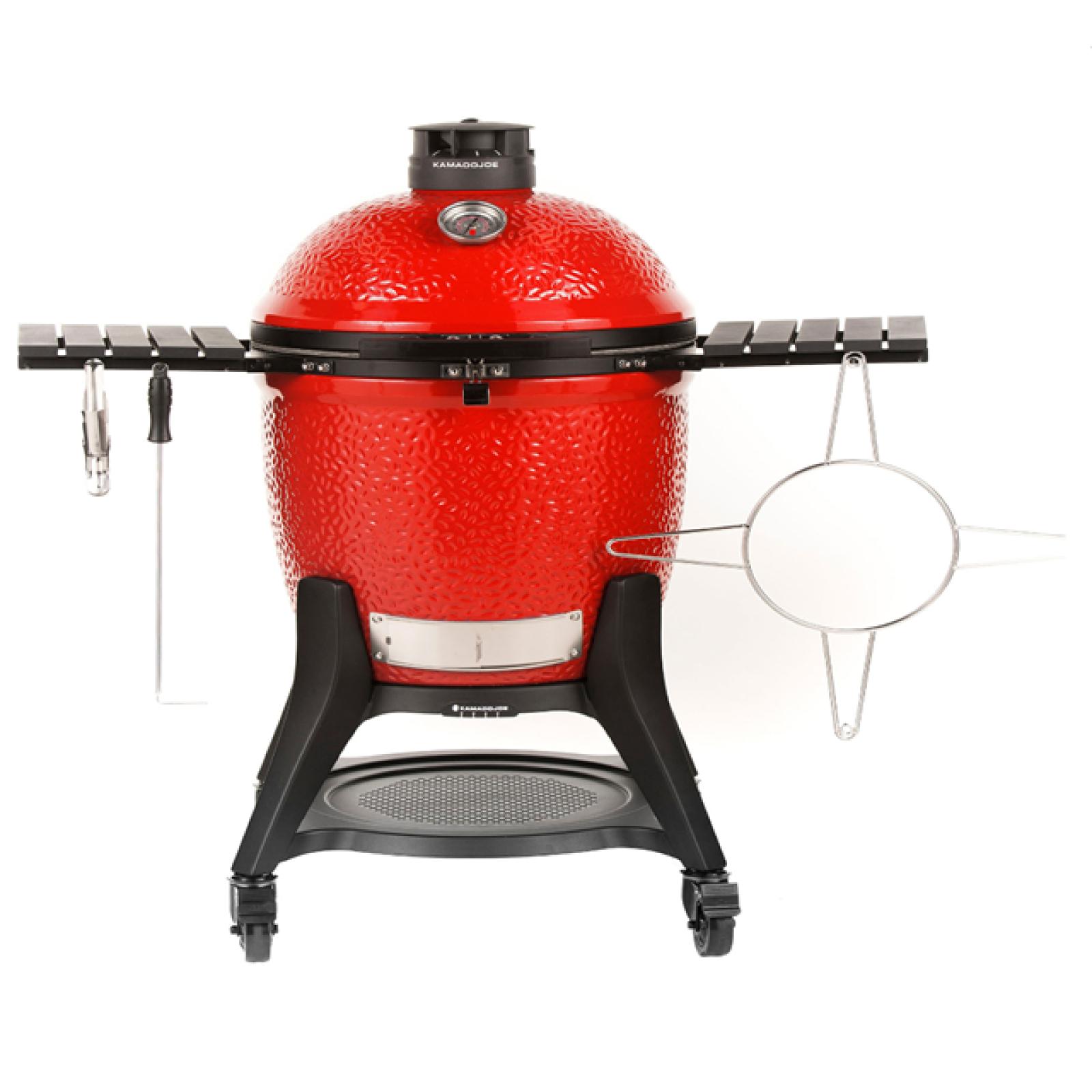 DALLAS LOCATION NEW! - Kamado Joe Classic Joe III 18 in. Charcoal Grill in Red with Cart, Side Shelves, Grate Gripper, and Ash Tool