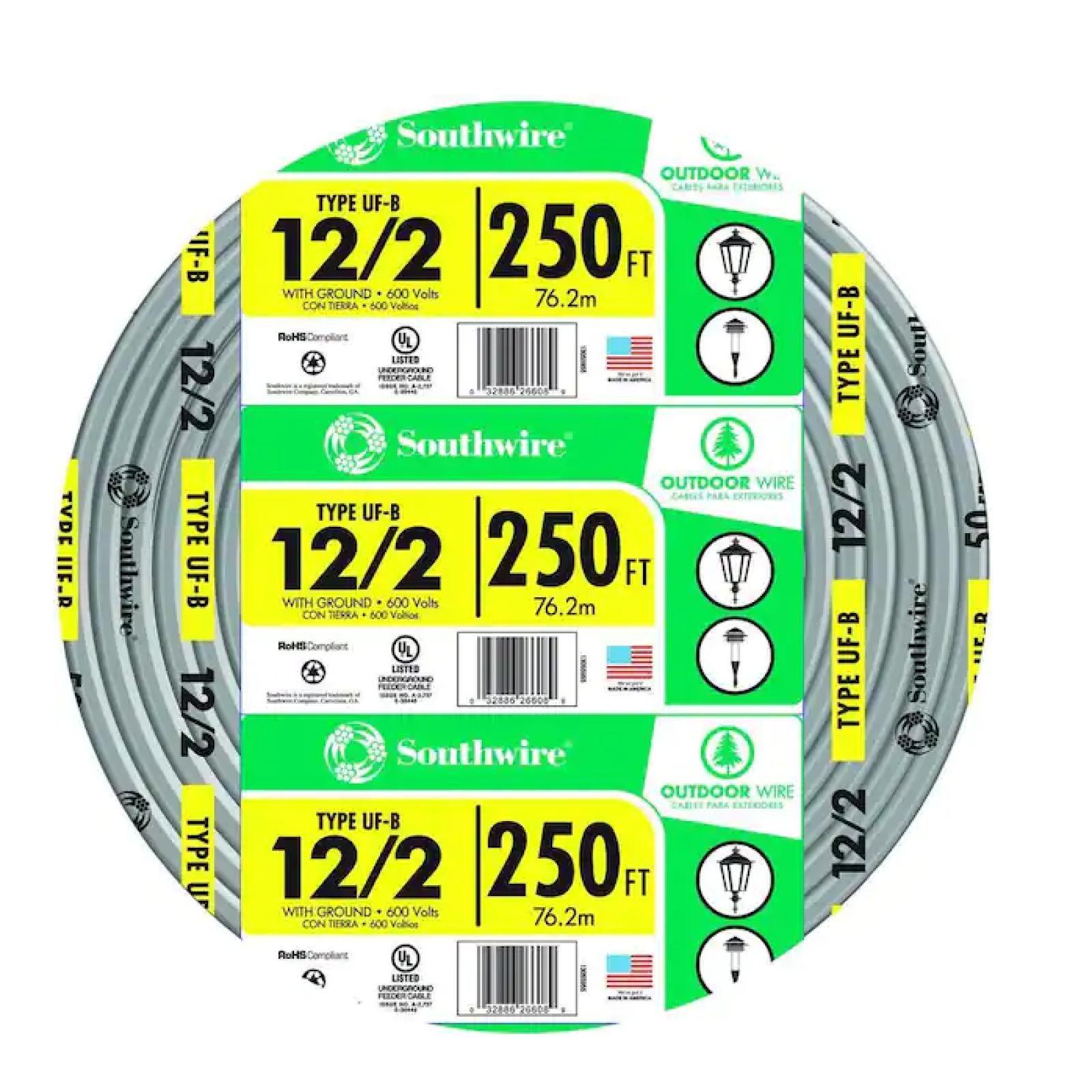 DALLAS LOCATION - Southwire 250 ft. 12/2 Gray Solid CU UF-B W/G Wire PALLET - (9 UNITS)