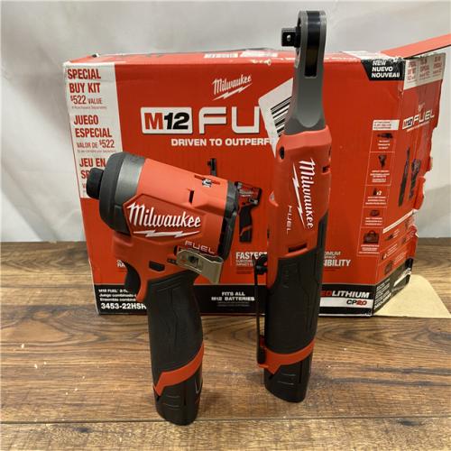 AS IS Milwaukee 3453-22HSR M12 FUEL 12V Lithium-Ion Cordless 3/8 in. Ratchet and 1/4 in. Impact Driver Kit