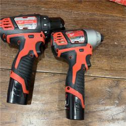 AS-ISMilwaukee 2494-22 M12 Cordless Combination 3/8  Drill / Driver and 1/4  Hex Impact Driver Dual Power Tool Kit (2 Lithium Ion Batteries  Charger  and B