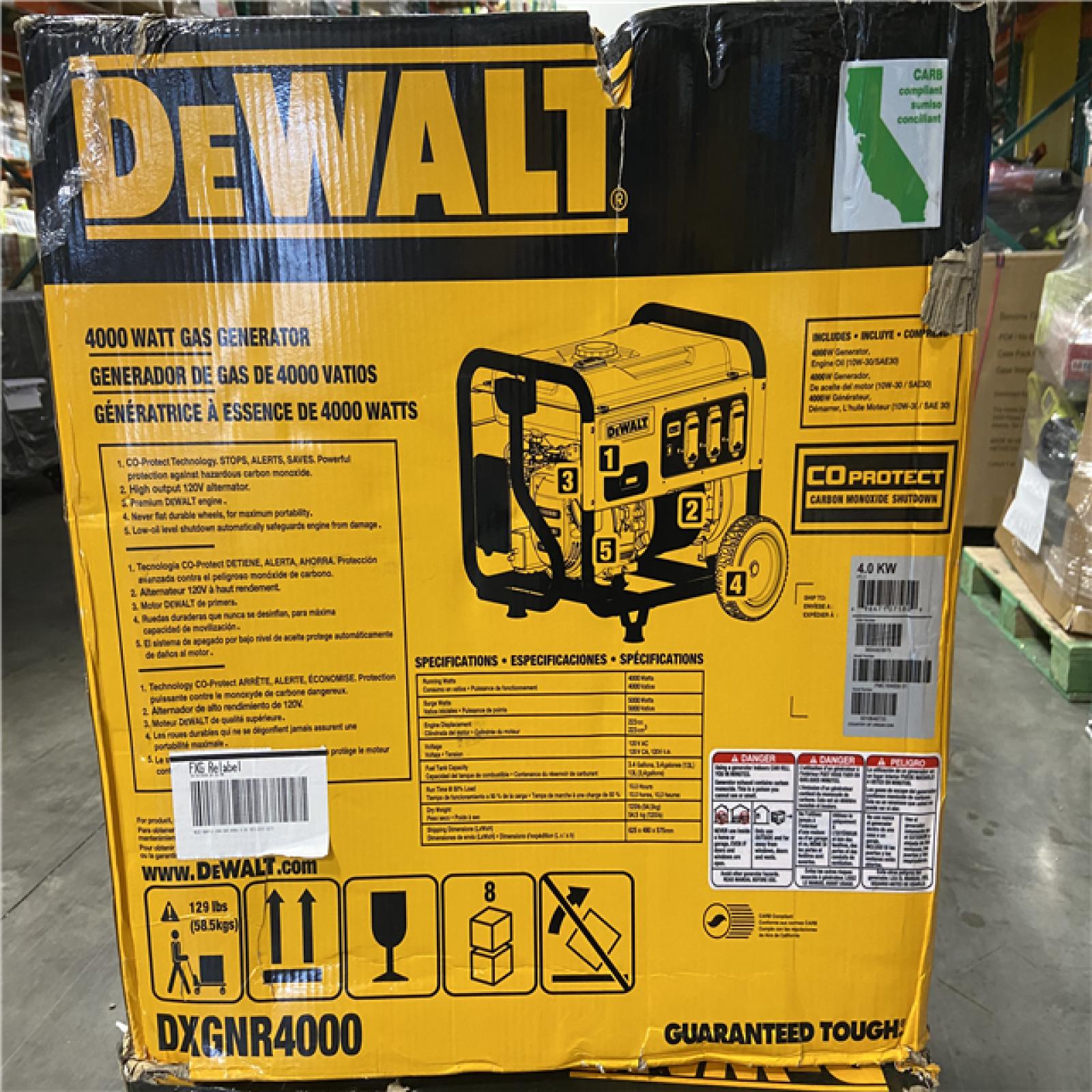 DALLAS LOCATION - NEW!  DEWALT 4000-Watt Manual Start Gas-Powered Portable Generator with Premium Engine, Covered Outlets and CO Protect