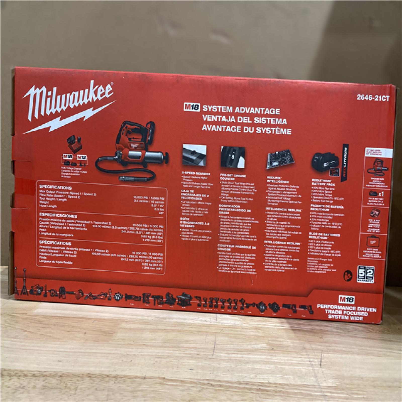 NEW! -Milwaukee M18 18V Lithium-Ion Cordless Grease Gun 2-Speed with (1) 1.5Ah Batteries, Charger, Tool Bag