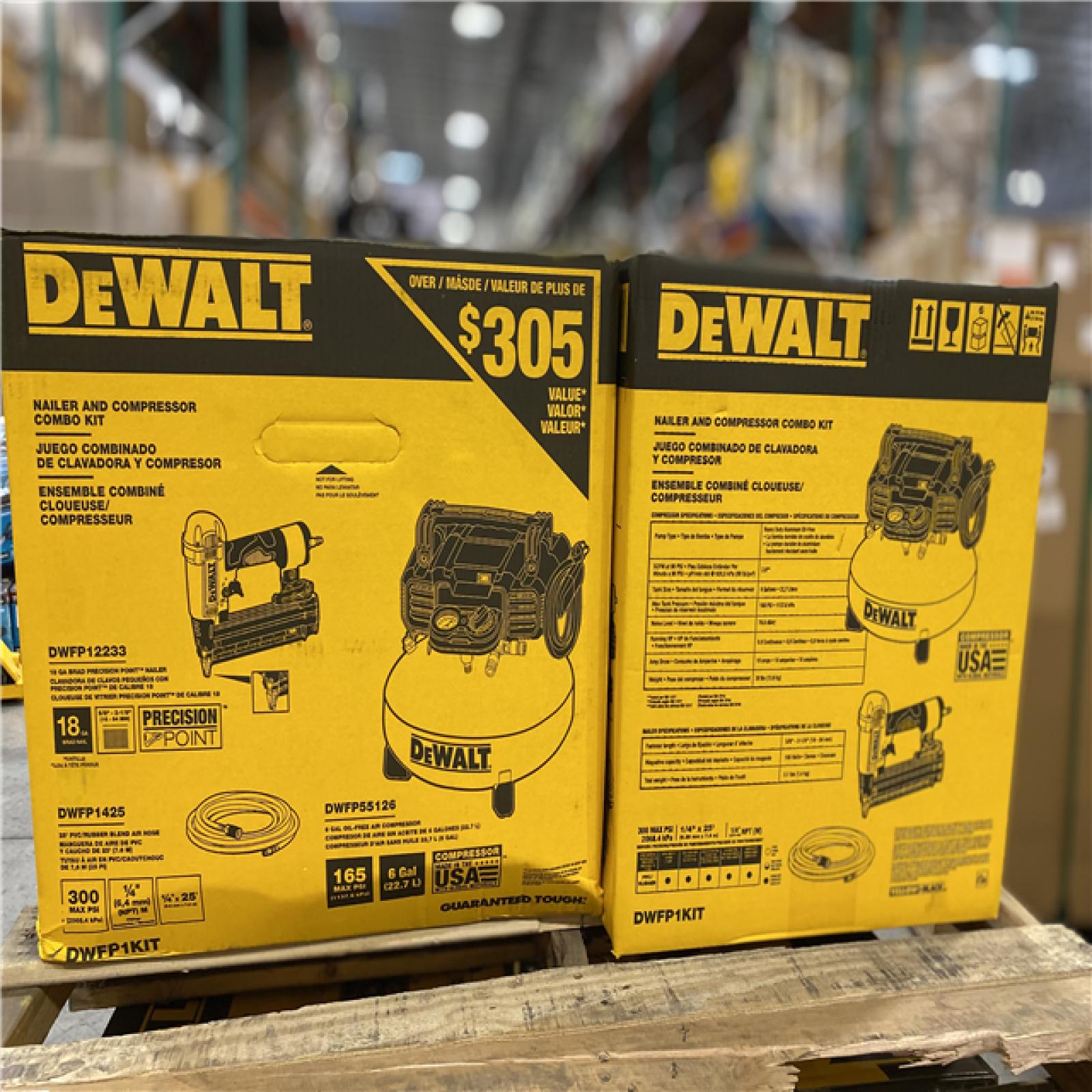 DALLAS LOCATION - NEW! DEWALT 6 Gal. 18-Gauge Brad Nailer and Heavy-Duty Pancake Electric Air Compressor Combo Kit PALLET -(4 UNITS)