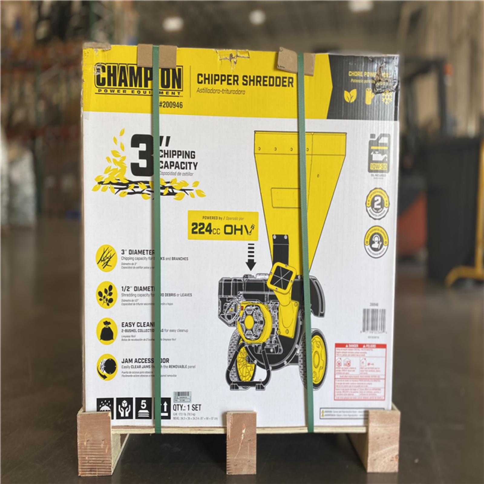 DALLAS LOCATION - Champion Power Equipment 3 in. Dia 224 cc 2-in-1 Upright Gas Powered Wood Chipper Shredder