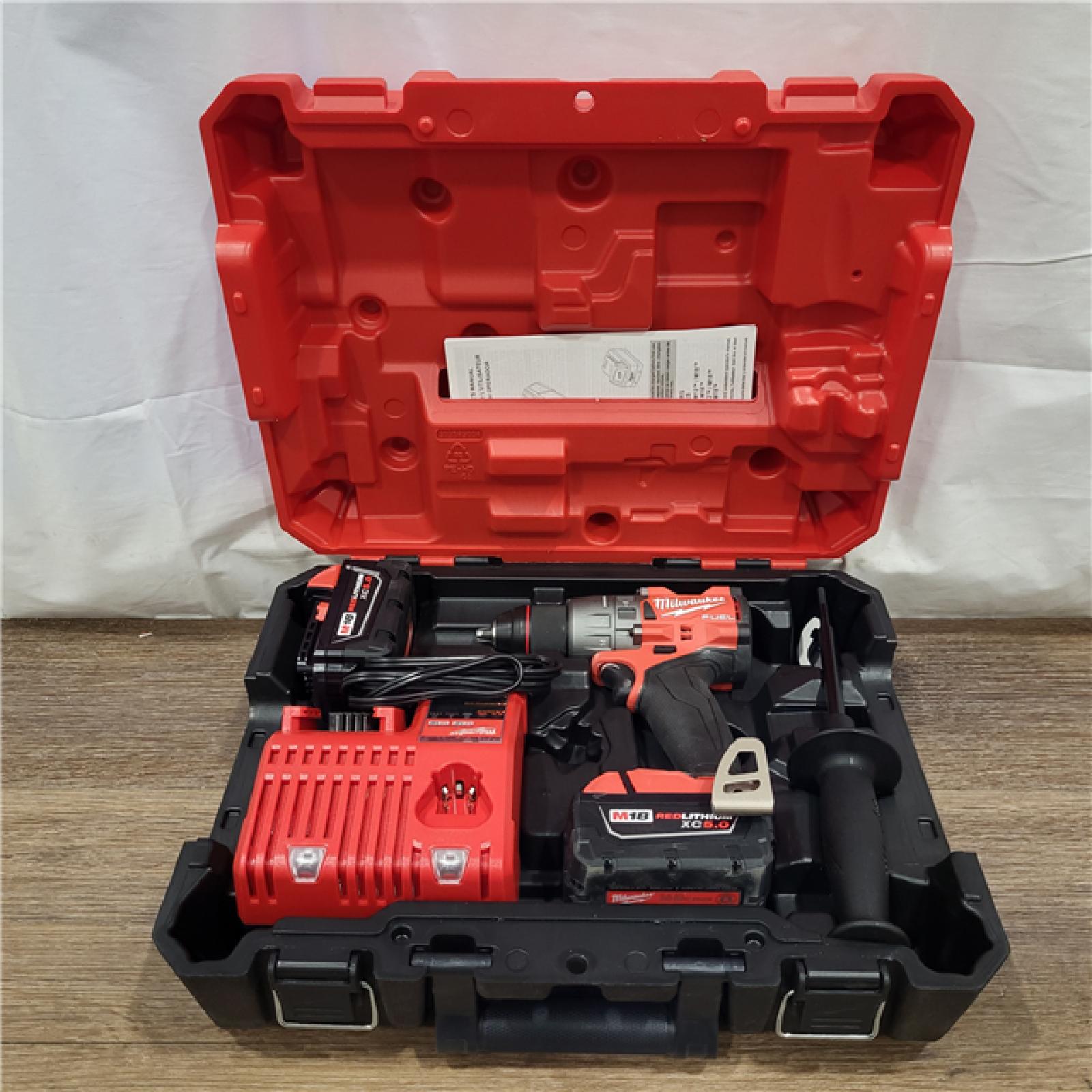 AS-IS Milwaukee 2904-22 Hammer Drill Driver Kit with Batteries  Charger & Tool Case  Red