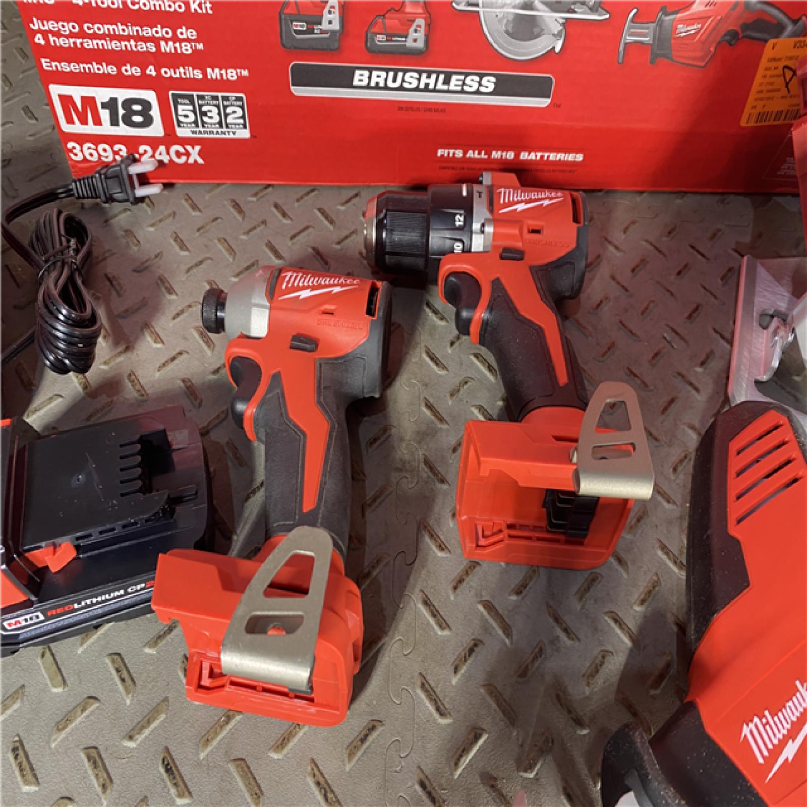 HOUSTON LOCATION - AS-IS M18 18-Volt Lithium-Ion Brushless Cordless Combo Kit (4-Tool) with 2-Batteries, 1-Charger and Tool Bag