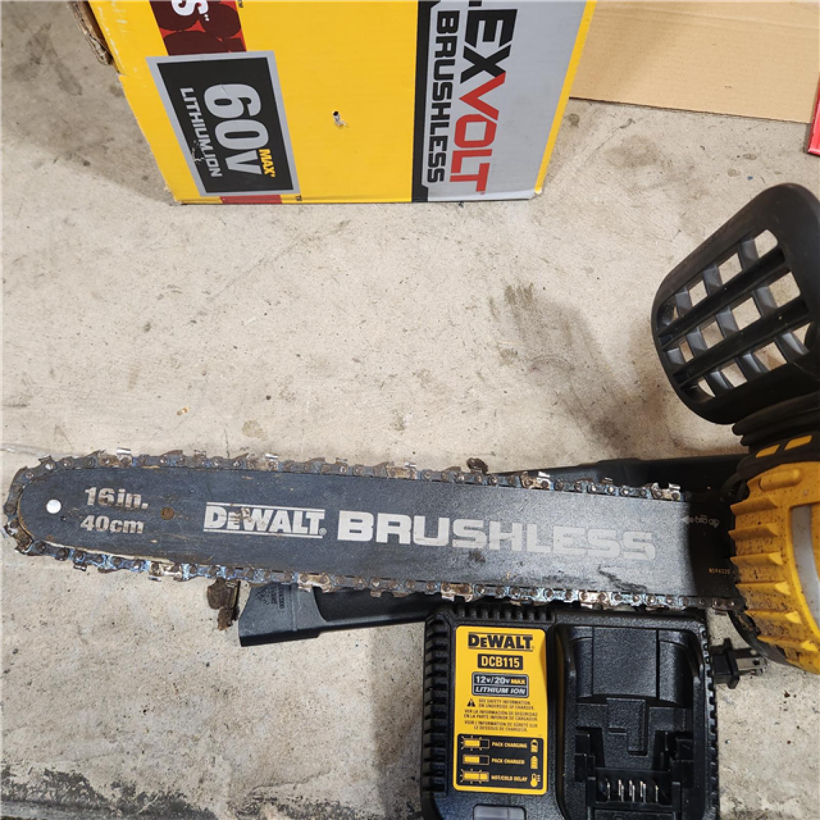 Houston location- AS-IS DEWALT 60V MAX 16in. Brushless Battery Powered Chainsaw Kit with (1) FLEXVOLT 2Ah Battery & Charger