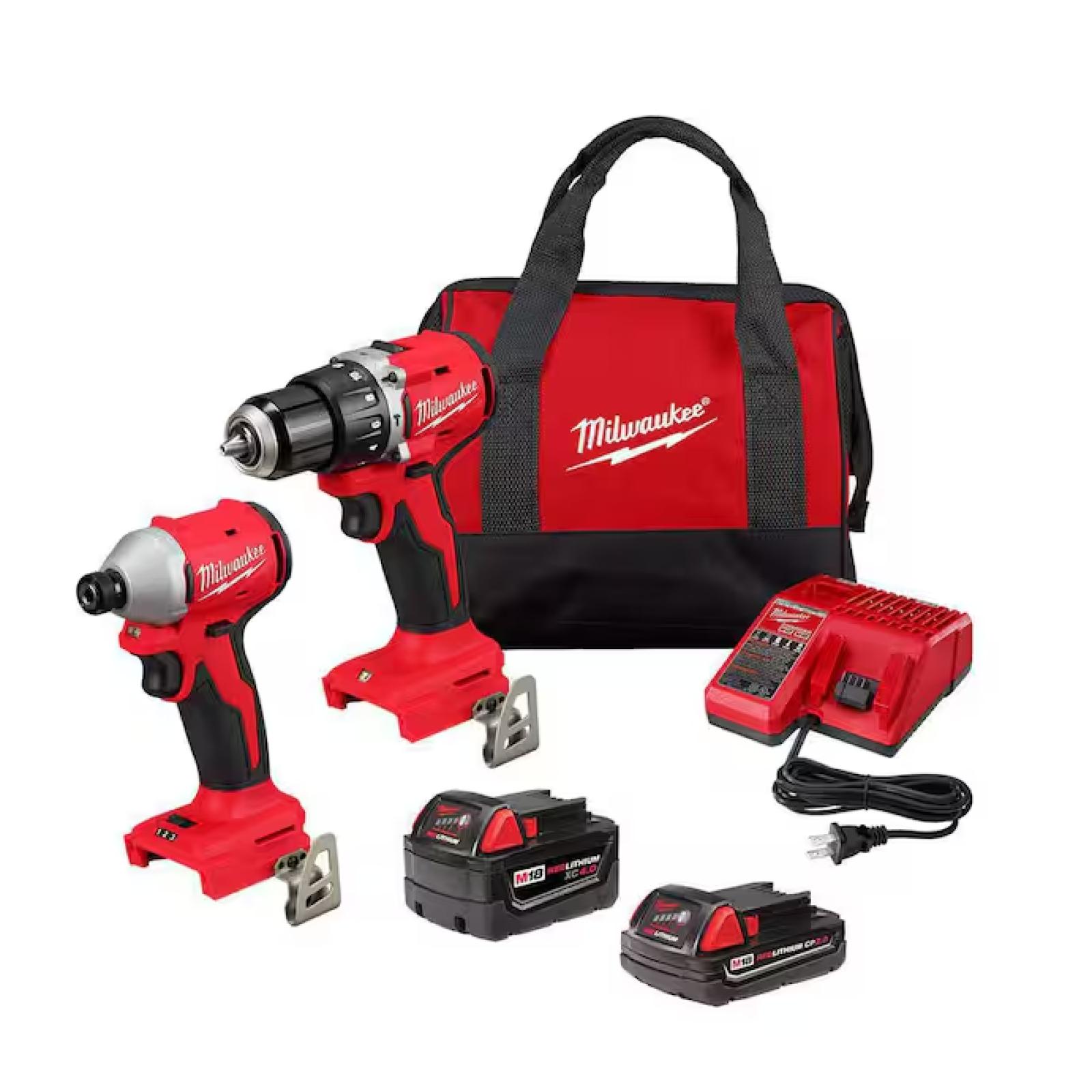 NEW! - Milwaukee M18 18-Volt Lithium-Ion Brushless Cordless Compact Hammer Drill/Impact Combo Kit (2-Tool) with (2) Batteries, Bag