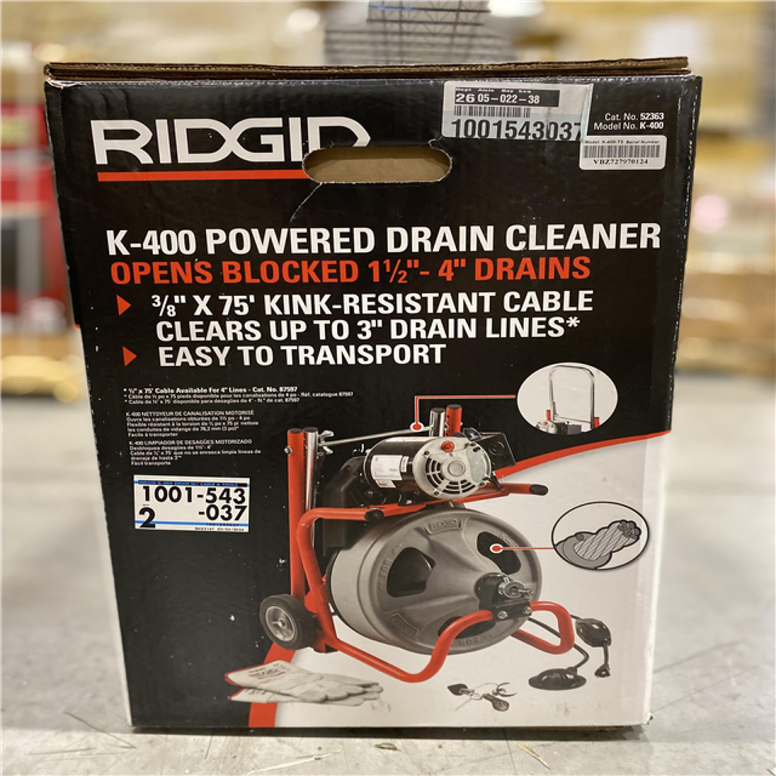 NEW! RIDGID K-400 Drain Cleaning Snake Auger 120-Volt Drum Machine with C-32IW 3/8 in. x 75 ft. Cable + 4-Piece Tool Set & Gloves