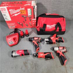 HOUSTON LOCATION - AS-IS (APPEARS LIKE NEW) MILWAUKEE M12 12V Lithium-Ion Cordless Combo Kit (5-Tool) with Two 1.5Ah Batteries, Charger & Tool Bag