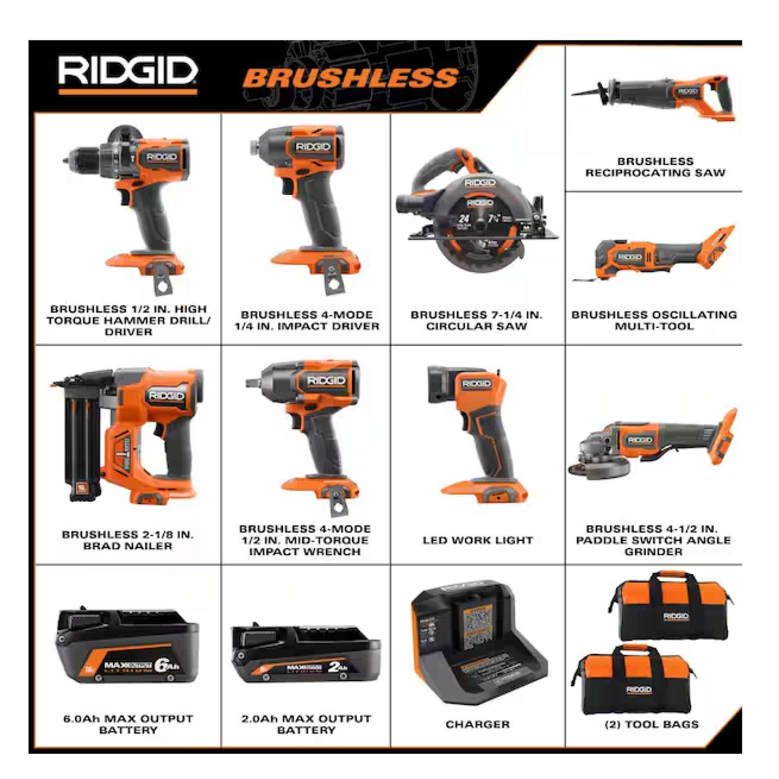 NEW! -  RIDGID 18V Brushless 9-Tool Combo Kit with 6.0 Ah and 2.0 Ah MAX Output Batteries and Charger