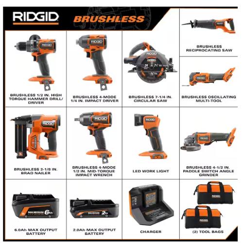 NEW! -  RIDGID 18V Brushless 9-Tool Combo Kit with 6.0 Ah and 2.0 Ah MAX Output Batteries and Charger