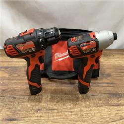 AS IS Milwaukee 2494-22 M12 Cordless Combination 3/8  Drill / Driver and 1/4  Hex Impact Driver Dual Power Tool Kit (2 Lithium Ion Batteries  Charger  and B