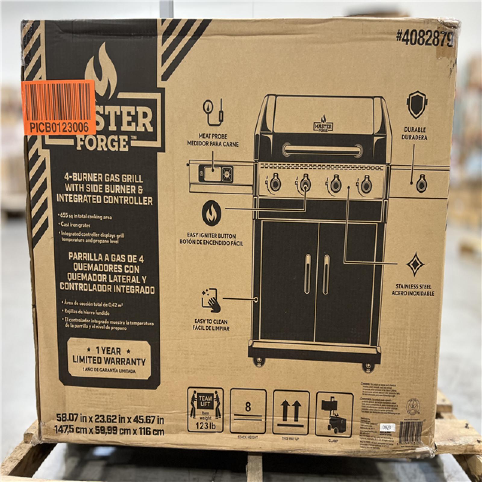 DALLAS LOCATION - Master Forge Silver and Black/Stainless Steel and Powder Coated 4-Burner Liquid Propane Gas Grill with 1 Side Burner