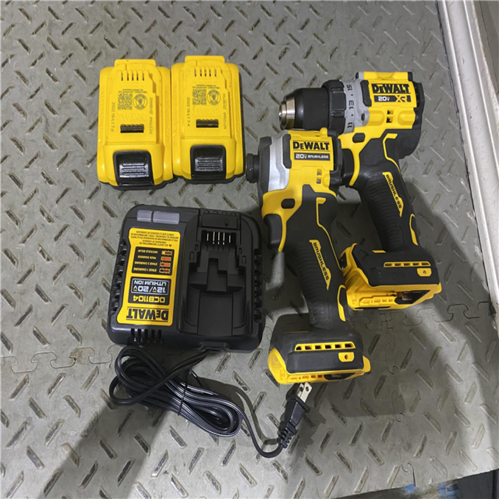 Houston location AS-IS DEWALT 20V MAX XR Cordless Drill/Driver, ATOMIC Impact Driver 2 Tool Combo Kit, (2) 2.0Ah Batteries, Charger, and Bag