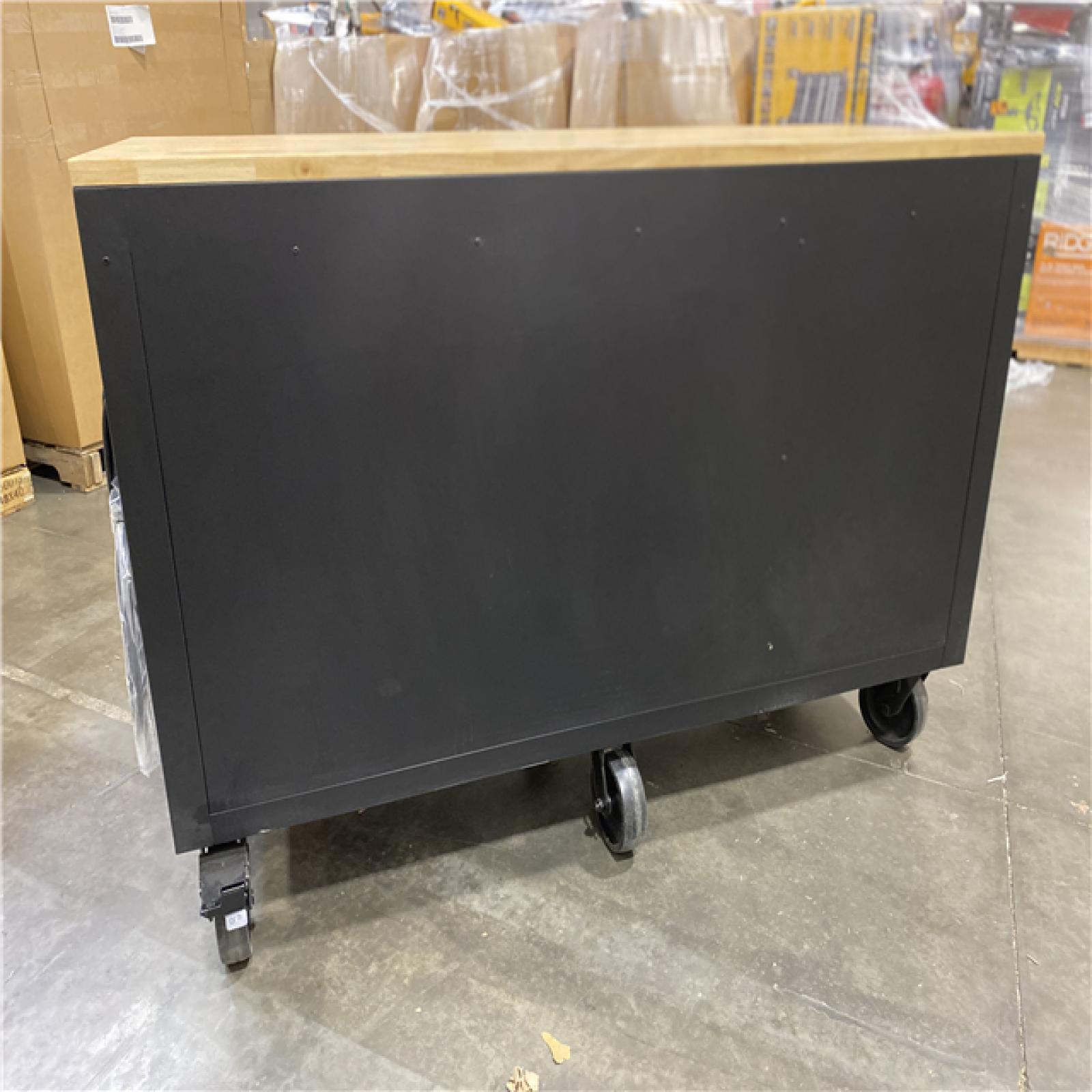 DALLAS LOCATION - Husky Tool Storage 62 in. W Heavy Duty Matte Black Mobile Workbench Cabinet with Adjustable Height Wood Top