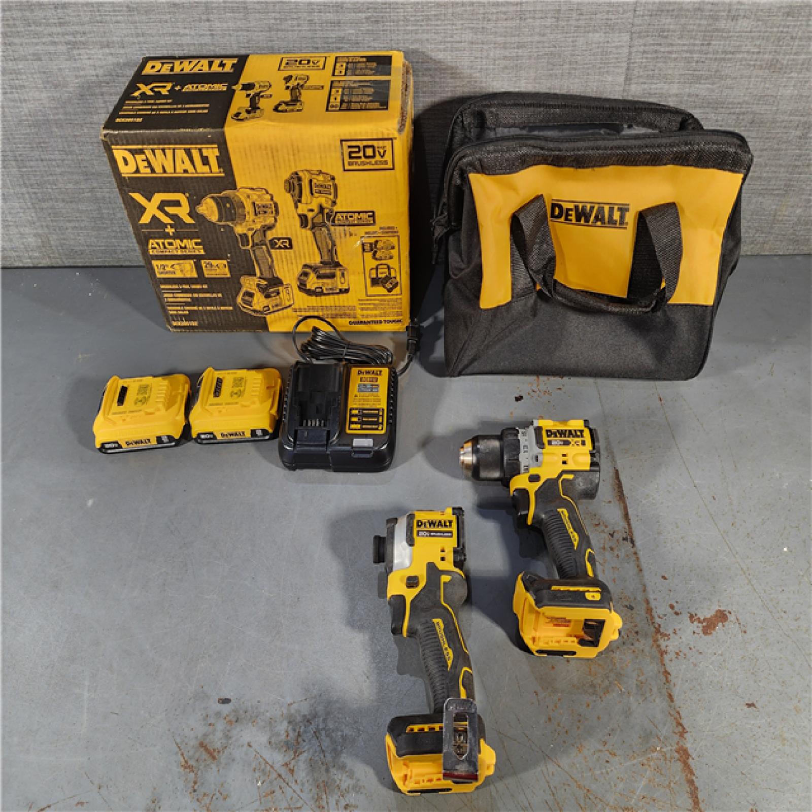 HOUSTON LOCATION - AS-IS DEWALT 20V MAX XR Cordless Drill/Driver, ATOMIC Impact Driver 2 Tool Combo Kit, (2) Batteries, Charger, and Bag