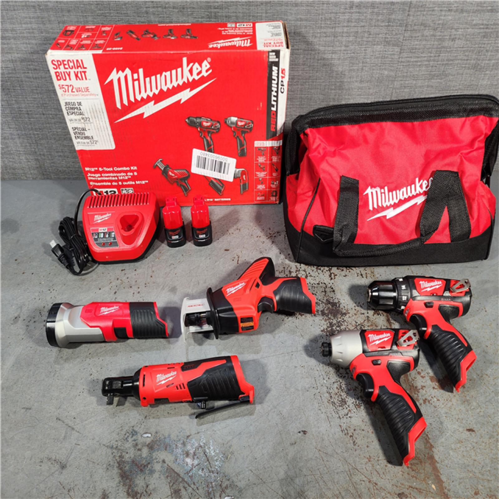 HOUSTON LOCATION - AS-IS (APPEARS LIKE NEW) MILWAUKEE M12 12V Lithium-Ion Cordless Combo Kit (5-Tool) with Two 1.5Ah Batteries, Charger & Tool Bag