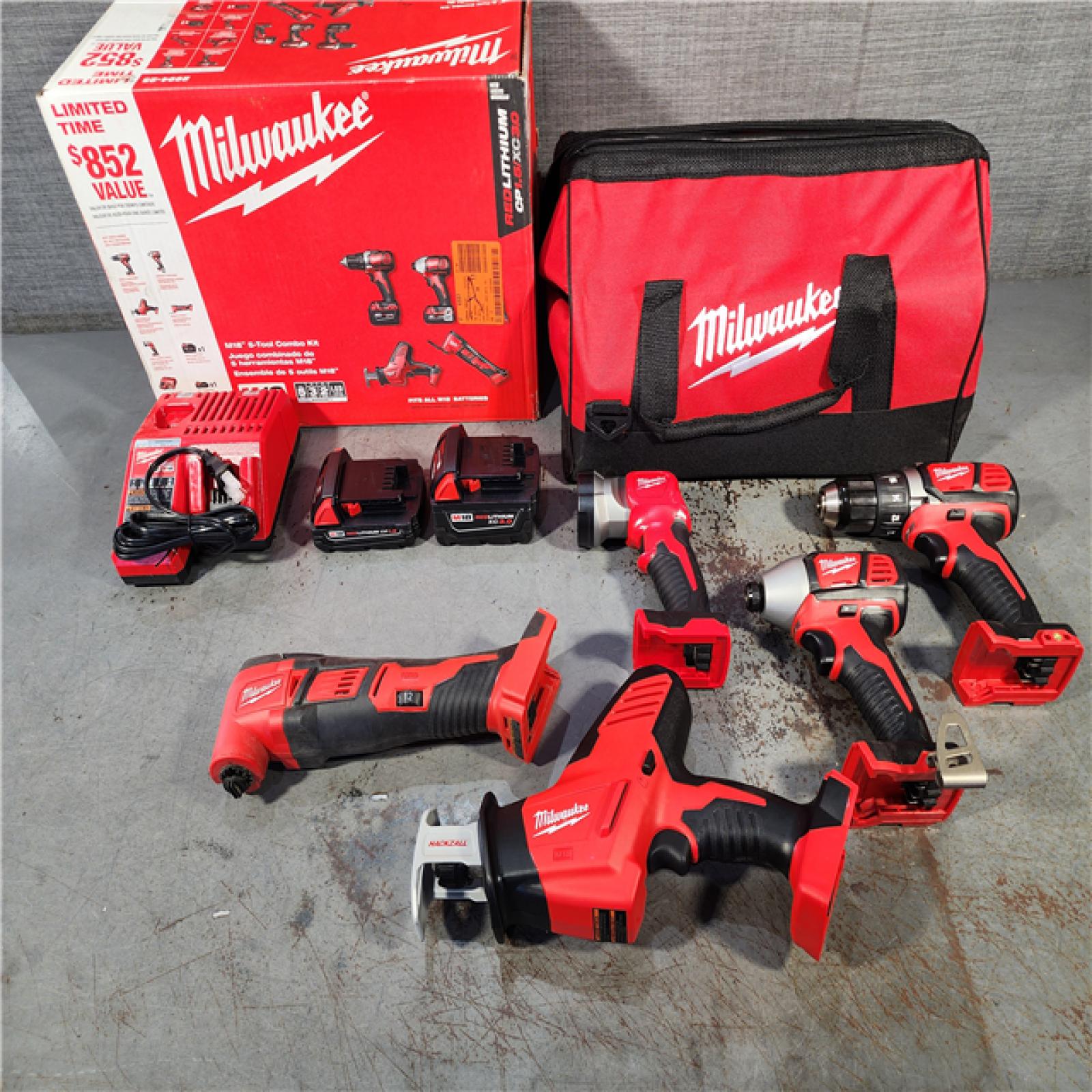 HOUSTON LOCATION - AS-IS (APPEARS LIKE NEW) M18 18V Lithium-Ion Cordless Combo Kit (5-Tool) with (2) Batteries, Charger and Tool Bag