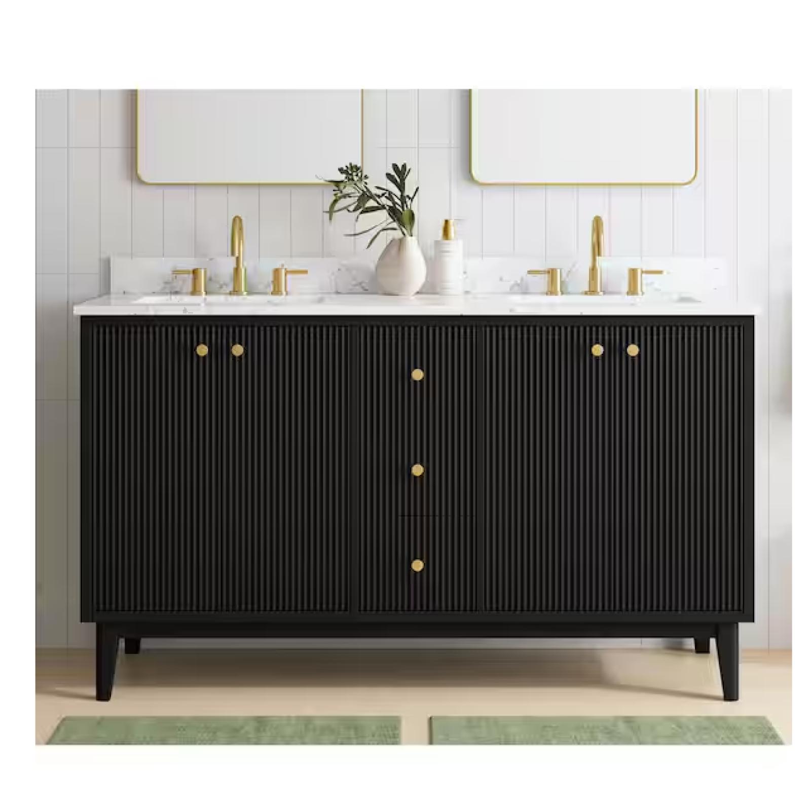 DALLAS LOCATION - Home Decorators Collection Sylvie 60 in. Double Sink Fluted Black Bath Vanity with Carrara Venato Engineered Stone Top (Assembled)