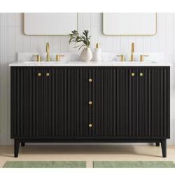 DALLAS LOCATION - Home Decorators Collection Sylvie 60 in. Double Sink Fluted Black Bath Vanity with Carrara Venato Engineered Stone Top (Assembled)