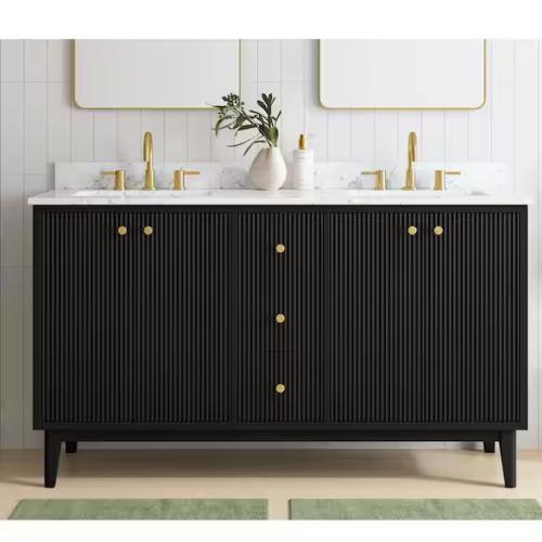 DALLAS LOCATION - Home Decorators Collection Sylvie 60 in. Double Sink Fluted Black Bath Vanity with Carrara Venato Engineered Stone Top (Assembled)