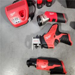 HOUSTON LOCATION - AS-IS (APPEARS LIKE NEW) MILWAUKEE M12 12V Lithium-Ion Cordless Combo Kit (5-Tool) with Two 1.5Ah Batteries, Charger & Tool Bag