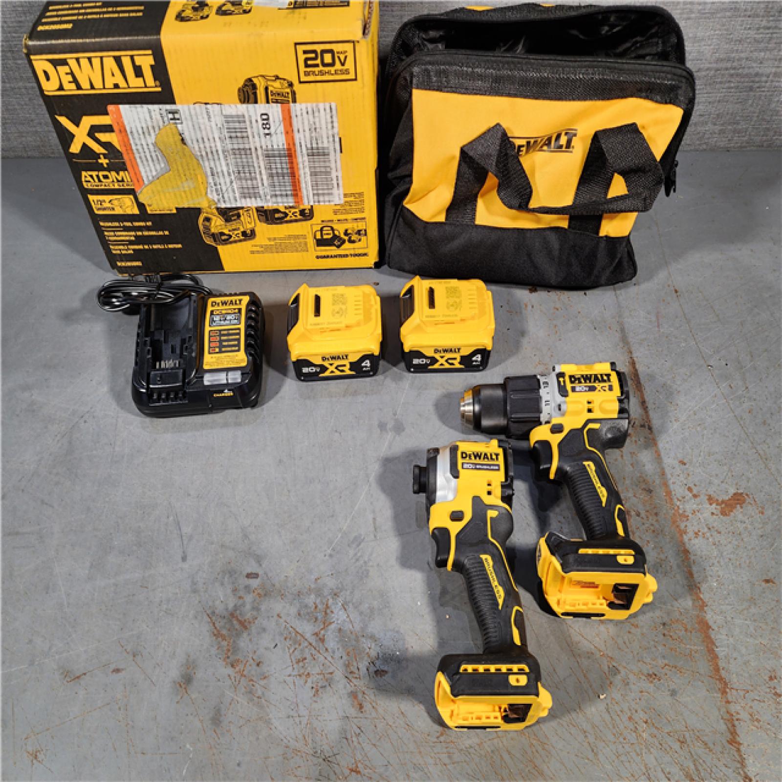 HOUSTON LOCATION - AS-IS DEWALT 20V MAX XR Hammer Drill and ATOMIC Impact Driver 2 Tool Cordless Combo Kit with (2) 4.0Ah Batteries, Charger, and Bag