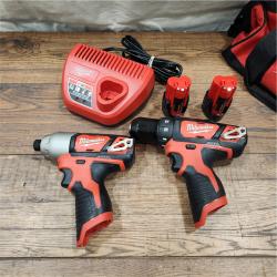 AS-IS Milwaukee 2494-22 M12 Cordless Combination 3/8  Drill / Driver and 1/4  Hex Impact Driver Dual Power Tool Kit (2 Lithium Ion Batteries  Charger  and B