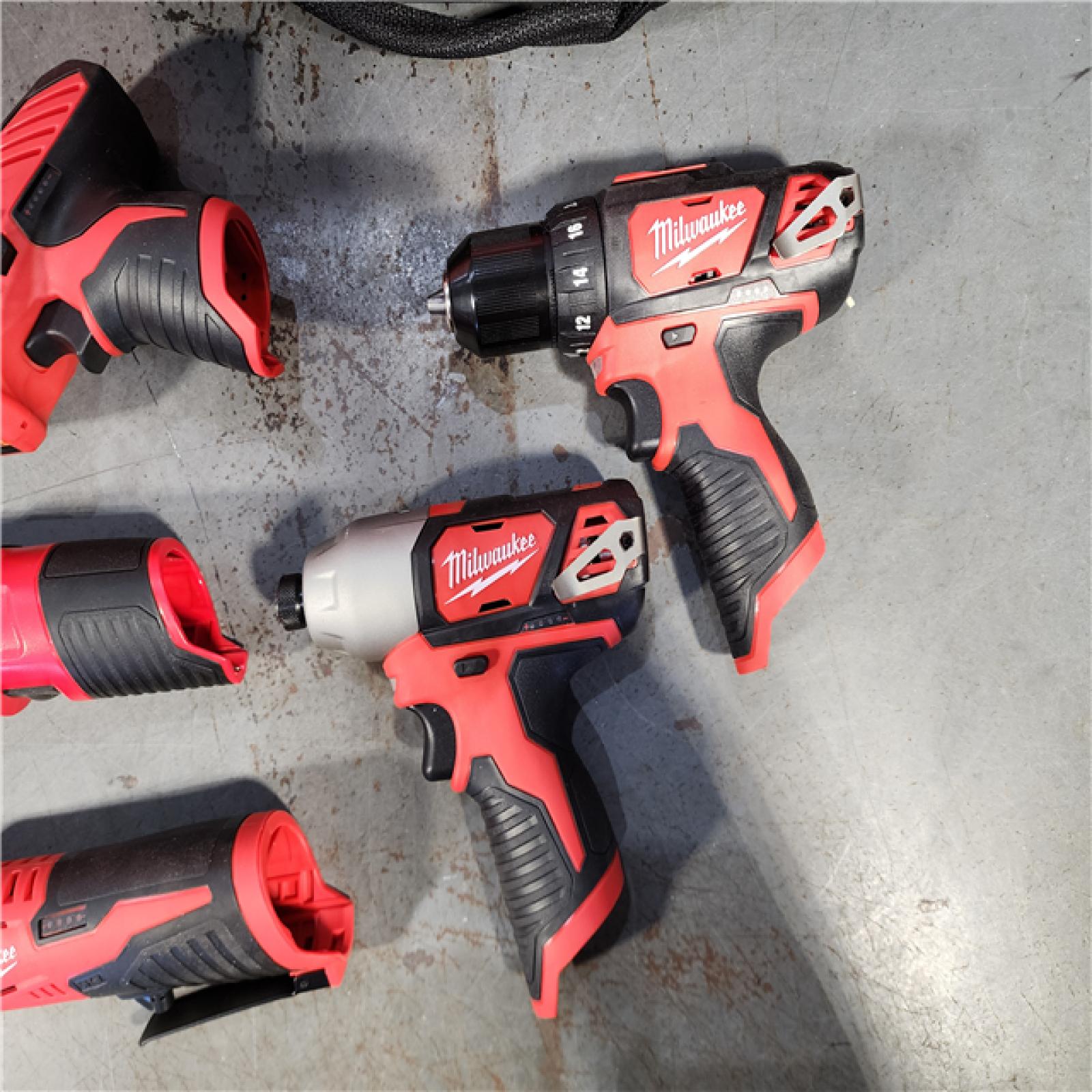 HOUSTON LOCATION - AS-IS MILWAUKEE M12 12V Lithium-Ion Cordless Combo Kit (5-Tool) with Two 1.5Ah Batteries, Charger & Tool Bag